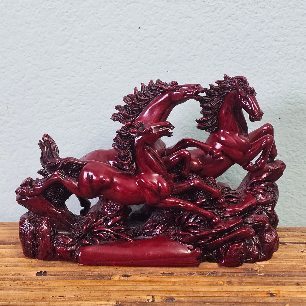 Vintage Red Resin Three Galloping Horses Figurine Faux Cinnabar Style Sculpture